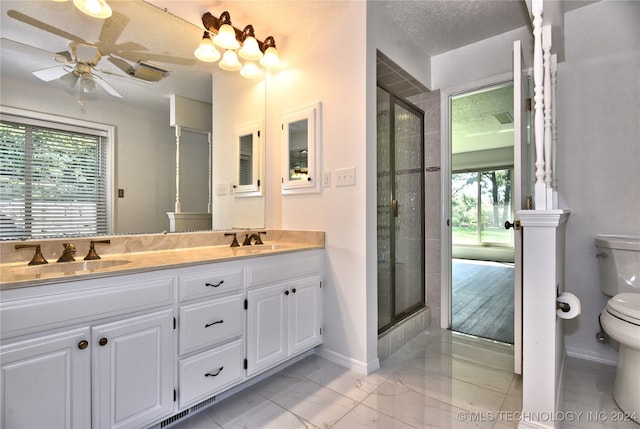 bathroom featuring toilet, vanity, a wealth of natural light, and a shower with shower door