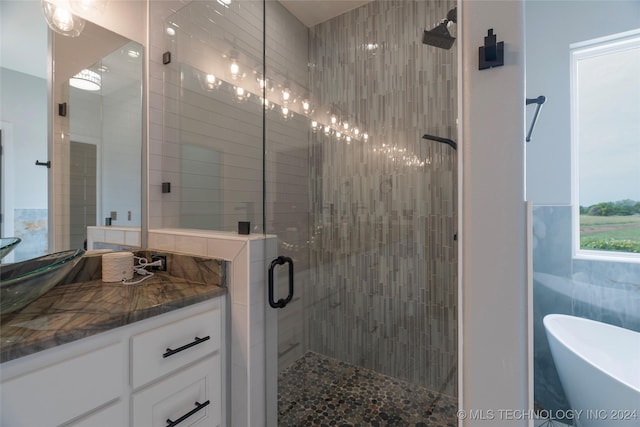 bathroom with a freestanding tub, a shower stall, and vanity