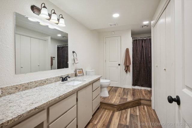 bathroom with vanity, toilet, and wood-type flooring