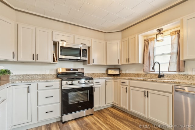 kitchen featuring light stone countertops, stainless steel appliances, light wood-type flooring, and a sink