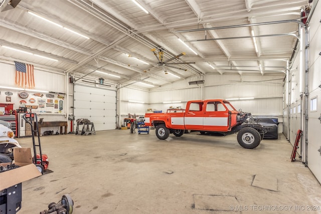 garage with a workshop area