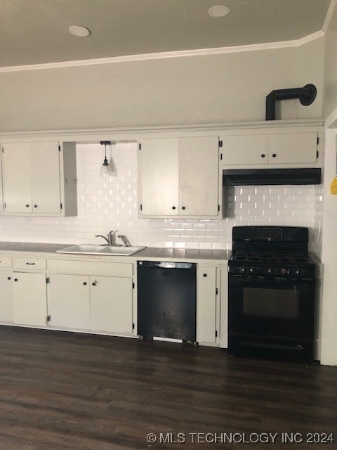 kitchen featuring black appliances, dark hardwood / wood-style flooring, white cabinetry, and sink