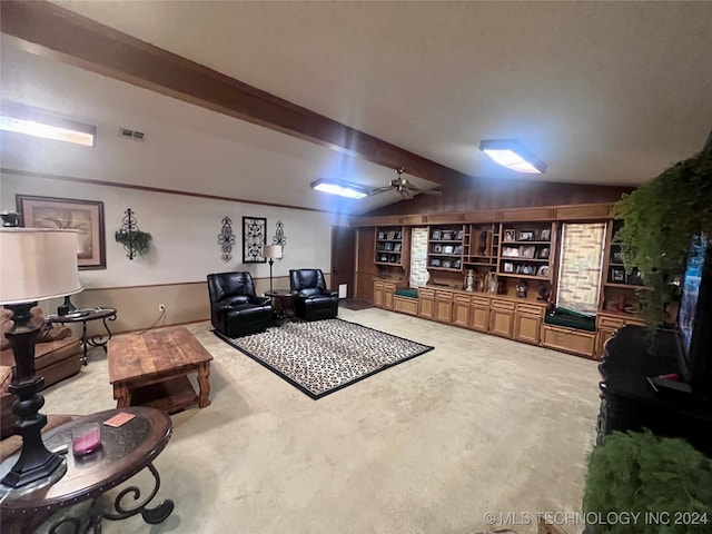 living room featuring light carpet, vaulted ceiling with beams, and ceiling fan