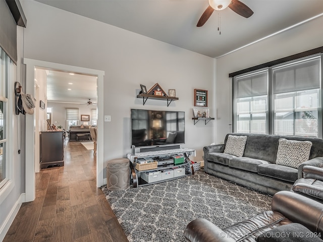 living room with ceiling fan and dark wood-type flooring