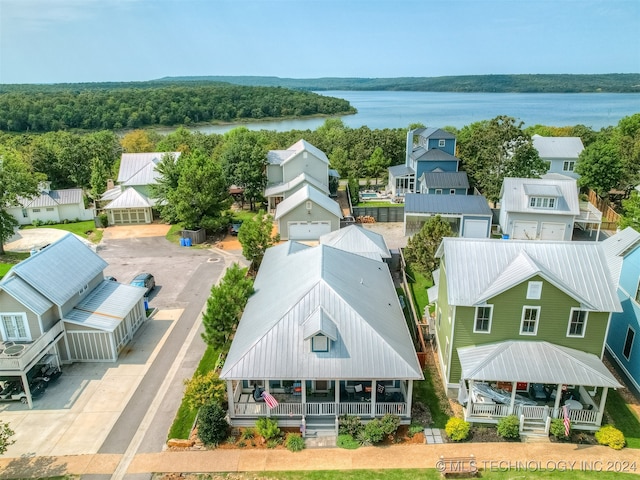 aerial view featuring a water view