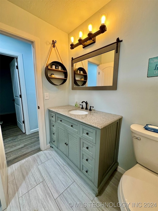 bathroom with toilet, vanity, and wood-type flooring