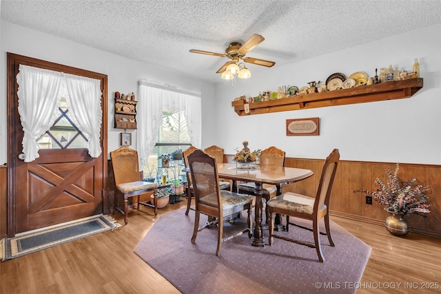 dining area featuring a healthy amount of sunlight, wooden walls, light hardwood / wood-style floors, and a textured ceiling