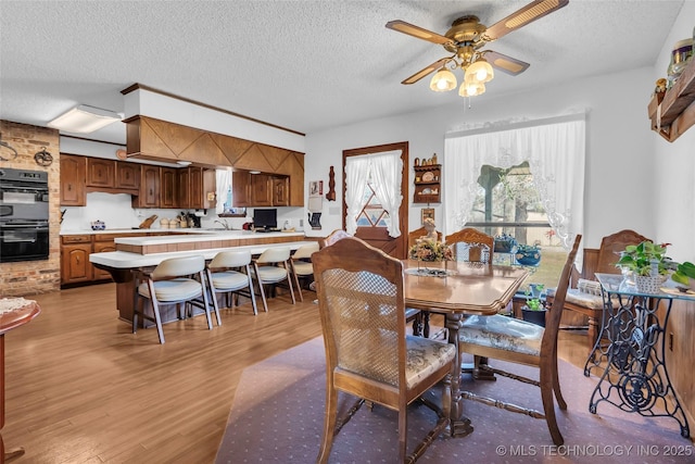 dining area featuring ceiling fan, light hardwood / wood-style floors, and a textured ceiling