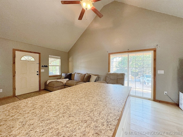 interior space with high vaulted ceiling, a healthy amount of sunlight, light hardwood / wood-style flooring, and ceiling fan