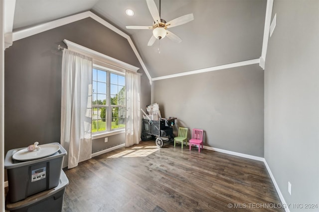 additional living space with dark wood-type flooring, ceiling fan, and lofted ceiling