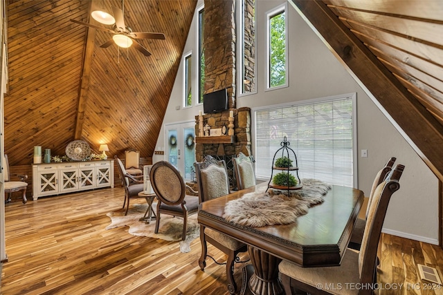 dining room featuring light wood-type flooring, ceiling fan, a healthy amount of sunlight, and wood ceiling