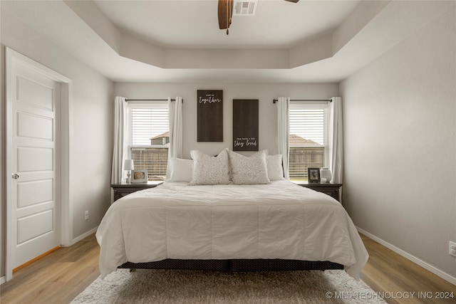 bedroom featuring multiple windows, light hardwood / wood-style floors, and a tray ceiling