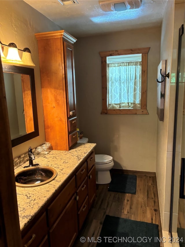 bathroom with vanity, hardwood / wood-style flooring, and toilet