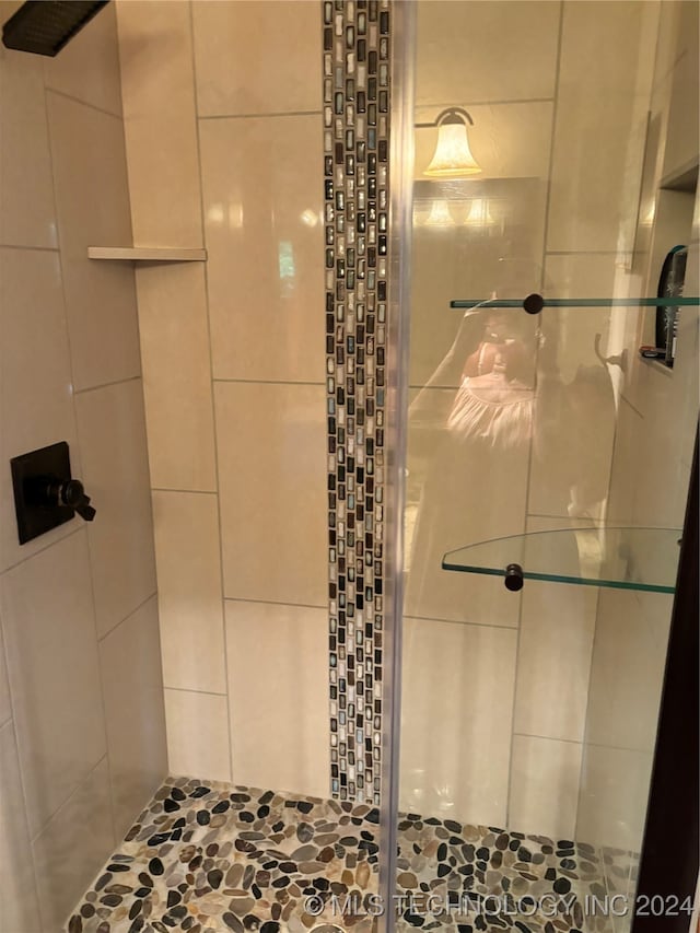 bathroom featuring a shower with shower door