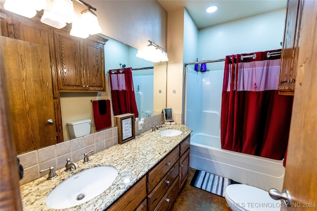 full bathroom featuring tasteful backsplash, shower / tub combo, vanity, and toilet