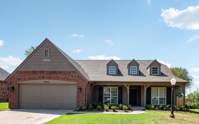 cape cod home with a garage and a front lawn