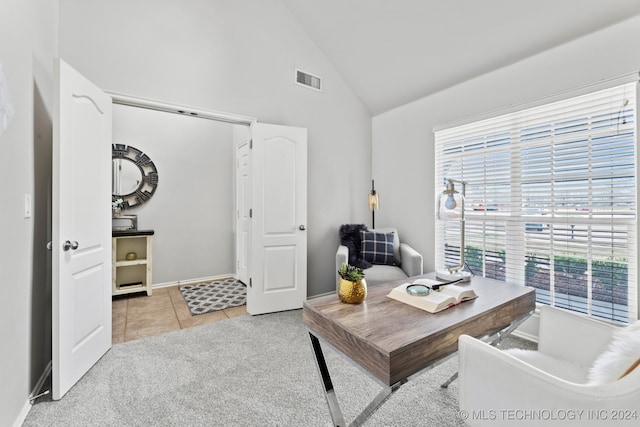 office featuring light colored carpet and high vaulted ceiling