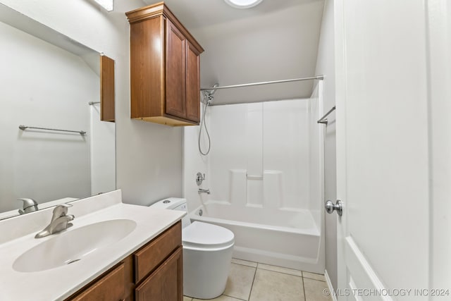 full bathroom featuring tile patterned flooring, vanity,  shower combination, and toilet