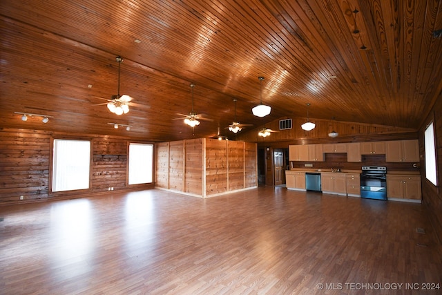 unfurnished living room with vaulted ceiling, wood-type flooring, wooden walls, and wooden ceiling