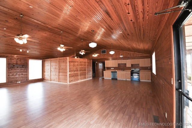 unfurnished living room with vaulted ceiling, wooden walls, wooden ceiling, and dark hardwood / wood-style floors