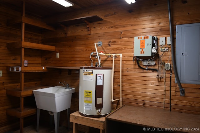 utility room with electric panel, water heater, and sink