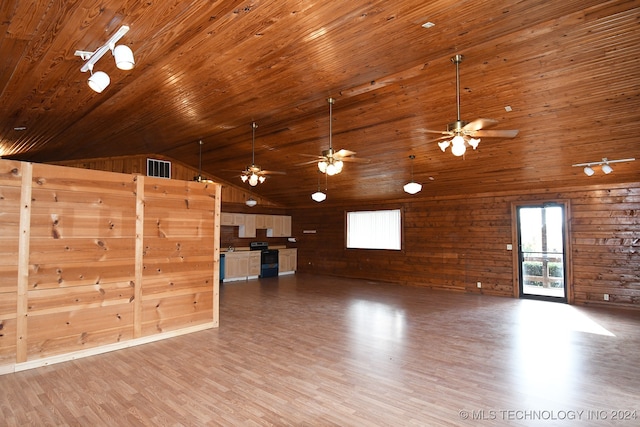 unfurnished living room featuring wooden ceiling, wooden walls, and wood-type flooring