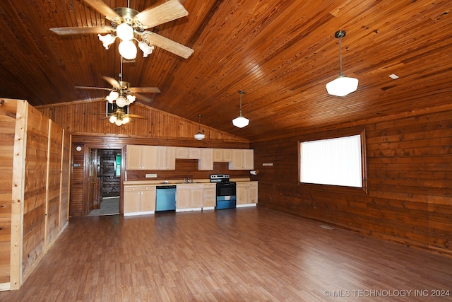 kitchen featuring white cabinets, stainless steel appliances, dark wood-type flooring, and wooden ceiling