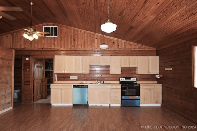 kitchen with dark wood-type flooring, high vaulted ceiling, pendant lighting, and appliances with stainless steel finishes