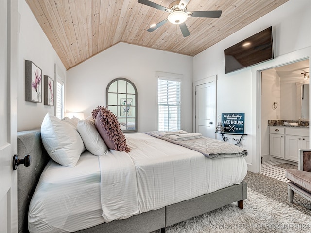 carpeted bedroom with lofted ceiling, ceiling fan, connected bathroom, and wooden ceiling