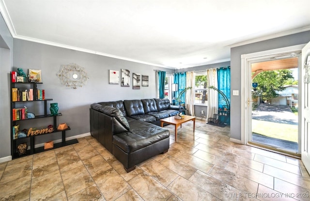 tiled living room with ornamental molding