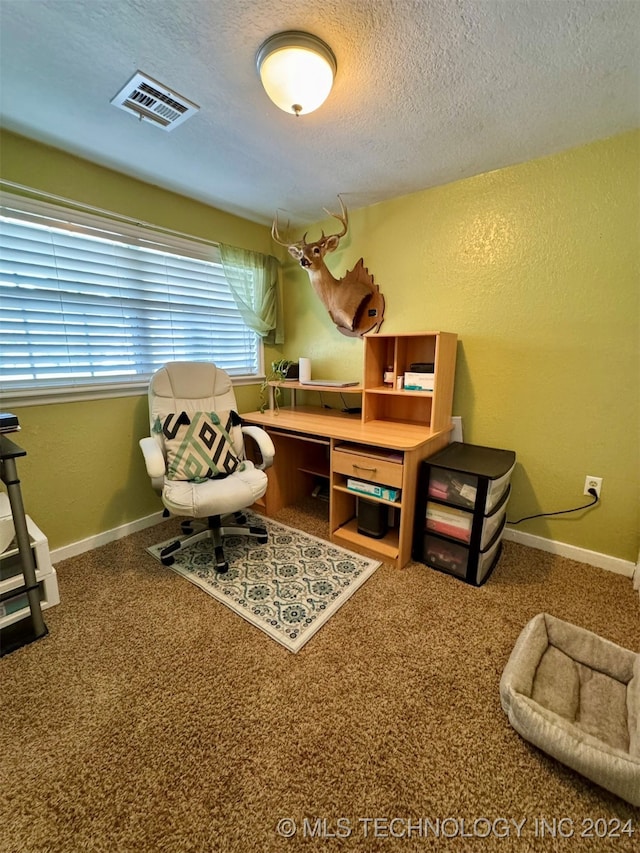 carpeted home office featuring a textured ceiling