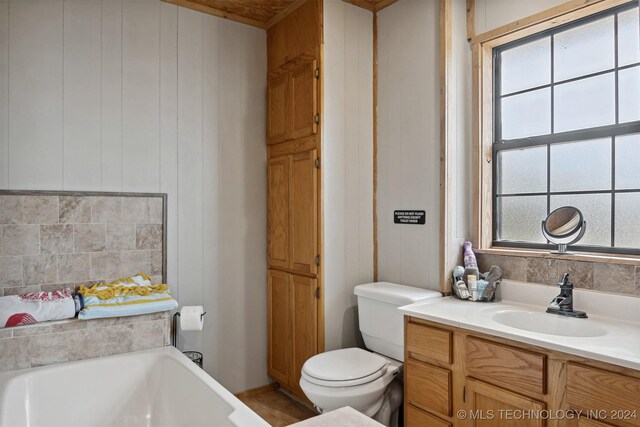 bathroom with a wealth of natural light, vanity, toilet, and a bathing tub