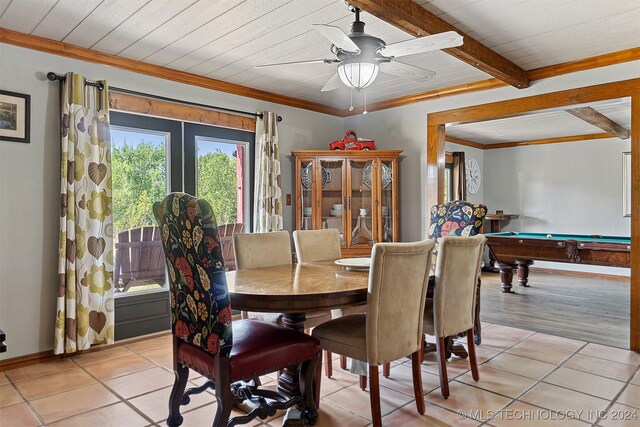 dining area with pool table, ceiling fan, beamed ceiling, and light tile patterned flooring