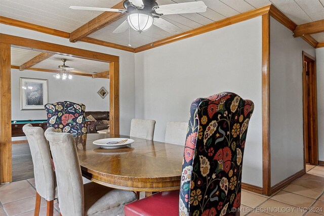 tiled dining area featuring ceiling fan, beamed ceiling, and ornamental molding