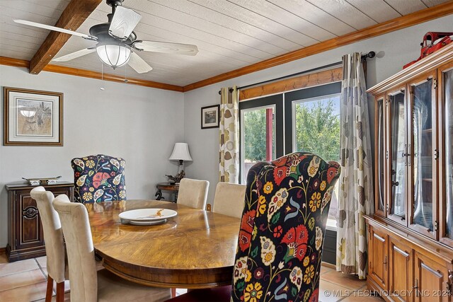 dining area with ceiling fan, light tile patterned floors, and beam ceiling