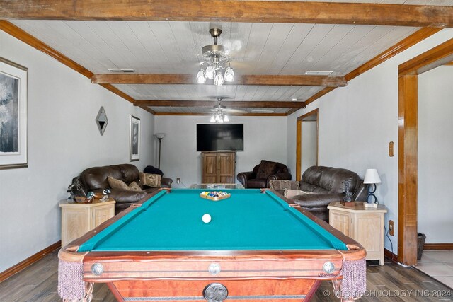 game room with hardwood / wood-style flooring, ceiling fan, pool table, and beam ceiling