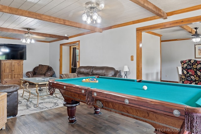 recreation room featuring billiards, hardwood / wood-style flooring, beam ceiling, and ceiling fan