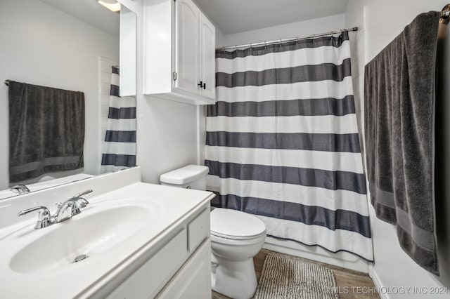 bathroom with wood-type flooring, vanity, and toilet