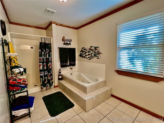 bathroom with tile patterned floors, shower with separate bathtub, crown molding, and a healthy amount of sunlight