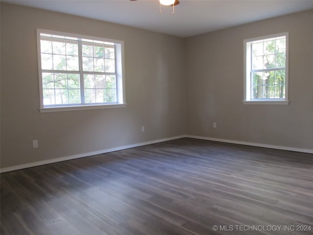 spare room with a wealth of natural light, ceiling fan, and dark hardwood / wood-style flooring