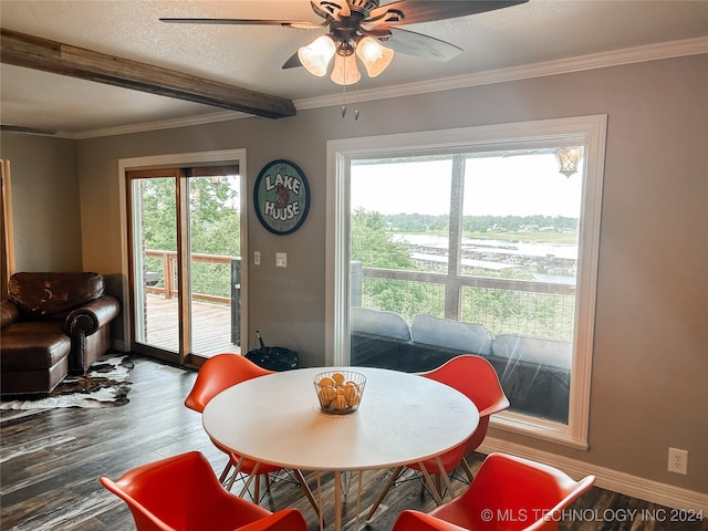 dining room featuring wood-type flooring, a wealth of natural light, crown molding, and ceiling fan