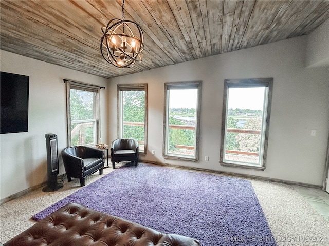 living area featuring carpet flooring, wood ceiling, a chandelier, and vaulted ceiling