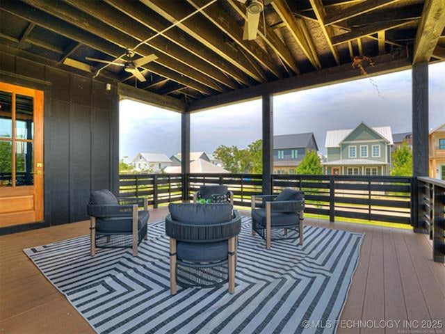 46 Redbud St, Carlton Landing, OK 74432 - wooden deck featuring a ceiling fan, a residential view, and an outdoor hangout area