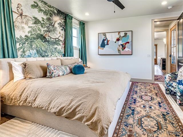 bedroom with a ceiling fan, recessed lighting, and baseboards