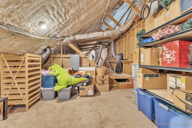 unfinished attic with electric panel