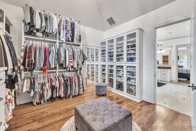 spacious closet with vaulted ceiling and hardwood / wood-style flooring