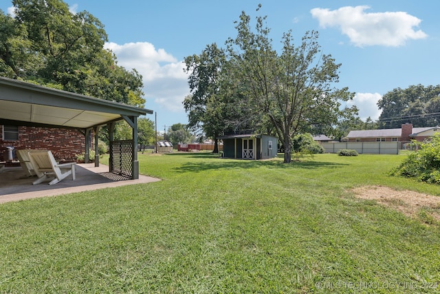 view of yard with a storage unit and a patio