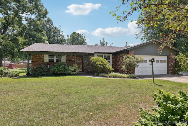 ranch-style home with a garage and a front yard