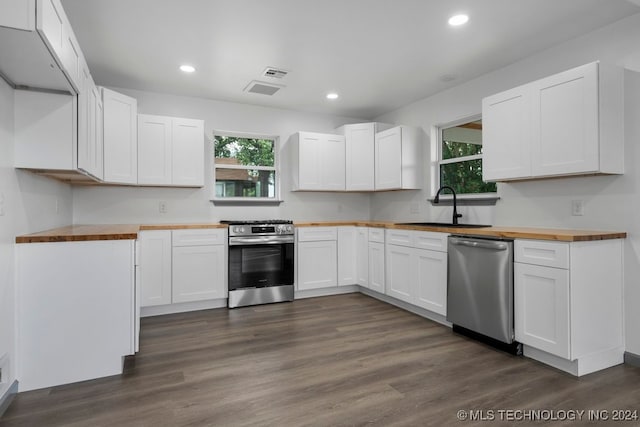 kitchen with dark hardwood / wood-style flooring, appliances with stainless steel finishes, sink, and wooden counters