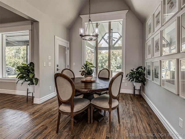 dining area featuring lofted ceiling, a healthy amount of sunlight, and dark wood-type flooring